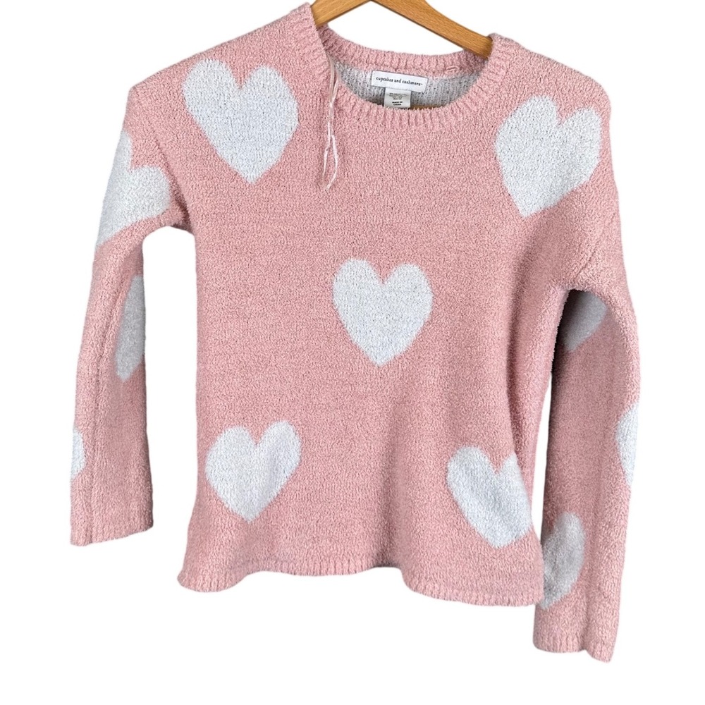 Cupcakes and Cashmere Girls Pink Heart Fuzzy Popcorn Knit Sweater Size M 10-12